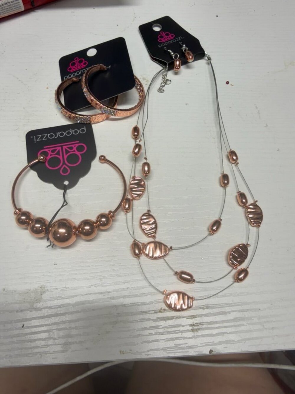 Paparazzi Rose Gold Tone Layered Necklace Set Hoop Earrings Cuff Bundle